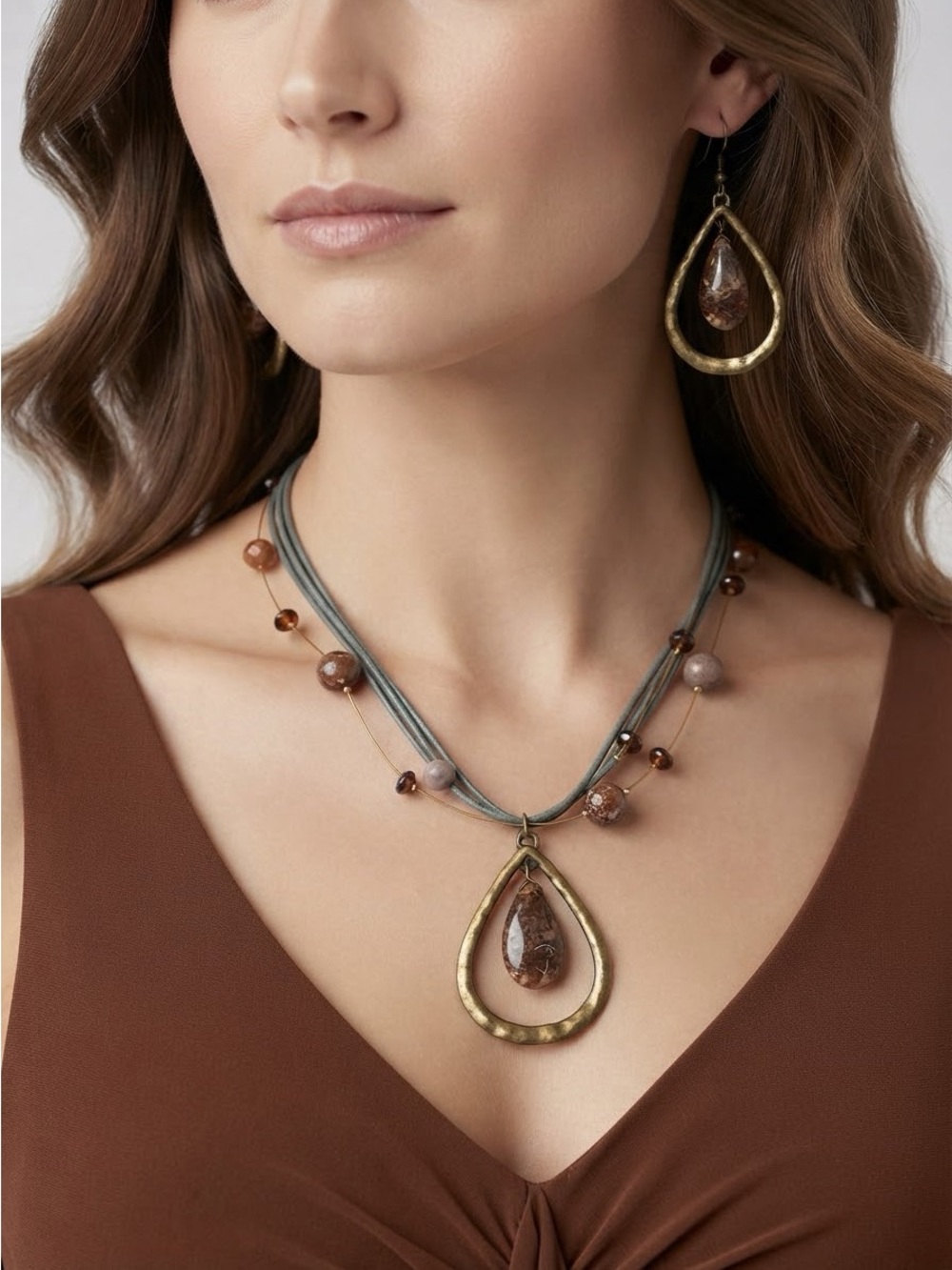 Boho Olive Green Amber Teardrop Necklace & Earrings Set | Antique Gold Statement